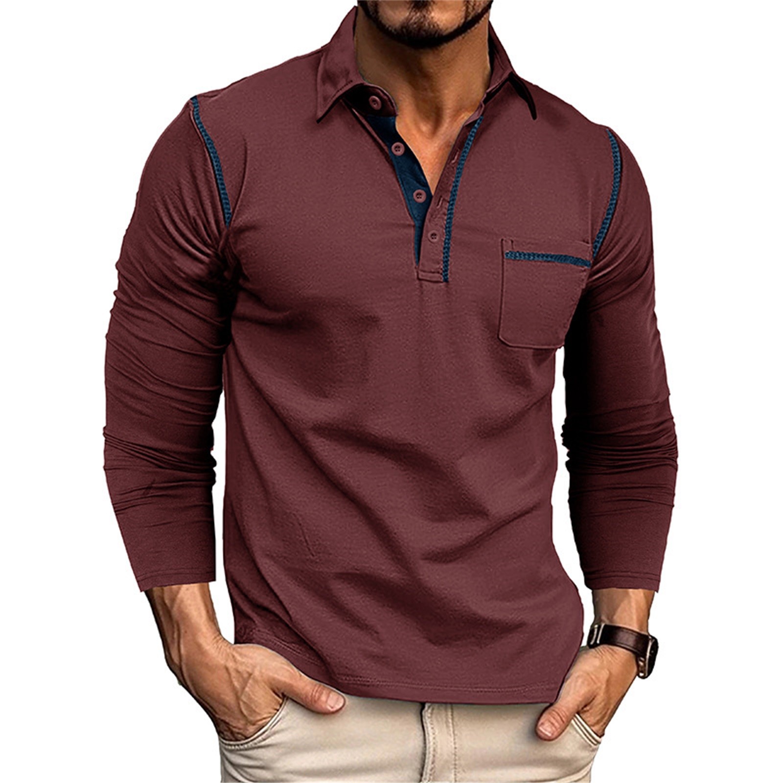 thumbnail image 3 of Camisa de manga larga a cuadros con botones para hombre: mezcla de algodón informal, bolsillo en el pecho, corte clásico para el trabajo diario y el ocio, 3 of 8
